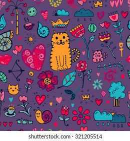 Hand drawn floral seamless pattern with cats and hearts. Vector nature illustration.