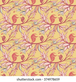 Hand drawn floral seamless pattern with love birds. Vector line art.