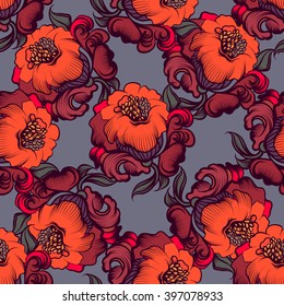 Hand drawn floral seamless pattern. Vector line art.