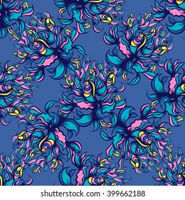Hand drawn floral seamless pattern with birds. Vector line art.