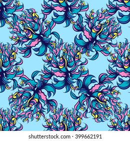 Hand drawn floral seamless pattern with birds. Vector line art.