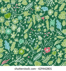 Hand drawn floral seamless pattern with flowers and leaves. Summer,spring floral background pattern.Vector illustration
