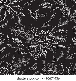 Hand Drawn Floral seamless pattern , Decorative Flowers, Flower seamless pattern vector, spring floral background, Seamless Monochrome Floral Pattern
