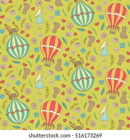 Hand drawn floral seamless pattern with air balloons, girls, cats, flowers, plants, feathers and hearts. Green yellow background