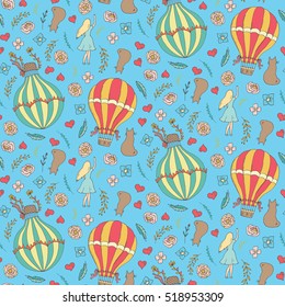 Hand drawn floral seamless pattern with air balloons, girls, cats, flowers, plants, feathers and hearts. Blue background