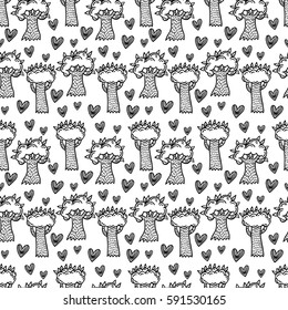 Hand drawn floral seamless pattern with trees and hearts. Vector spring background for valentine's day, wedding, greeting card, prints. Natural doodle background.