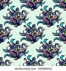 Hand drawn floral seamless pattern. Vector line art.