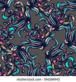 Hand drawn floral seamless pattern. Vector line art.