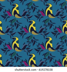 Hand drawn floral seamless pattern with bird on a branch. Vector line art.
