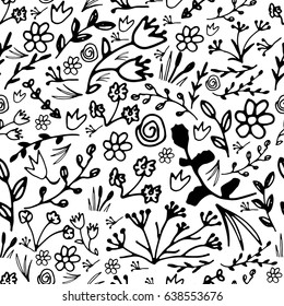 Hand drawn floral seamless pattern. Doodle flowers and leaves illustration.