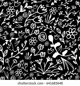 Hand drawn floral seamless pattern. Doodle flowers and leaves illustration.