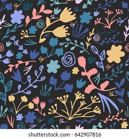 Hand drawn floral seamless pattern. Doodle flowers and leaves illustration.