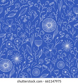 Hand drawn floral seamless pattern. Doodle herbs and flowers. Vector illustration.