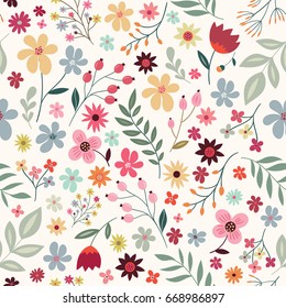 Hand drawn floral seamless pattern with colorful flowers on white background