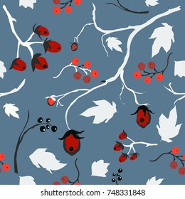 Hand Drawn Floral Seamless Pattern on blue. Vector Illustration