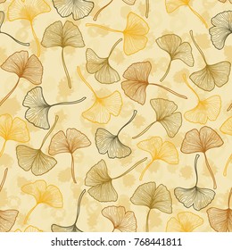 Hand drawn floral seamless pattern with ginkgo leaves in yellow colors