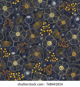 Hand drawn floral seamless pattern with poppy flowers, ginkgo leaves on dark blue textured background