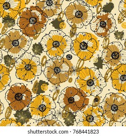 Hand drawn floral seamless pattern with poppy flowers in yellow colors