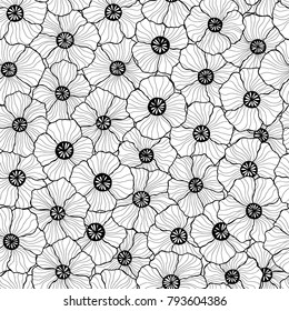 Hand drawn floral seamless pattern with poppy flowers in black and white