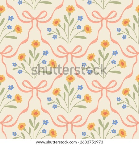 Hand drawn floral seamless pattern with a charming coquette whimsical lattice design. Soft, pastel, and nostalgic, perfect for textiles, wallpaper, wrapping paper, and romantic vintage-inspired decor.
