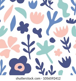 Hand drawn floral seamless repeat pattern. Spring, summer flowers, leaves trendy colors. Bold fabric design, textile print, gift wrapping paper, wall art, home decor. Vector illustration. 