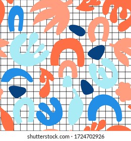 Hand drawn floral seamless repeat pattern. Spring, summer flowers, leaves trendy colors. Bold fabric design, textile print, gift wrapping paper, wall art, home decor. Vector illustration.