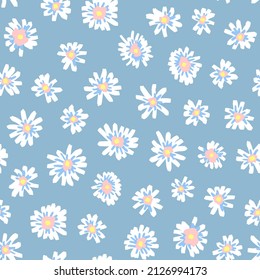 Hand drawn floral seamless repeat pattern on light blue background. Random placed, vector ditsy elements all over surface print.