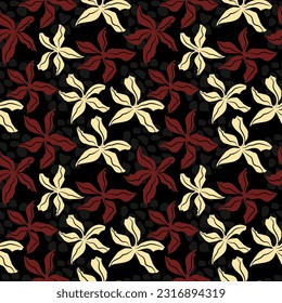 Hand drawn floral seamless repeat pattern. flowers and shapes in black beige and maroon background. floral textile print