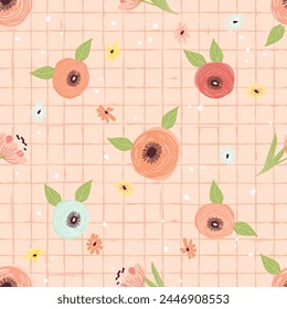Hand drawn floral seamless repeat    pattern on grid background.Pastel colors print with flowers and rough lines.Summer vector design for use in fabric,wrapping paper,packaging,wallpaper,textile,cover