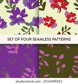 Hand drawn floral seamless repeat pattern collection with abstract flowers, leaves, branch. Vector illustration. No AI generated content in this pattern set.