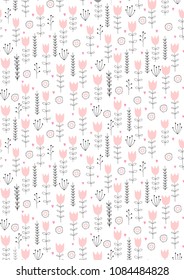 Hand Drawn Floral Seamless Vector Pattern. Grey and Pink Twigs, Leaves and Flowers isolated on a White Background. Delicate Infantile Style Floral Print ideal for Fabric. Funny Abstract Garden Design.