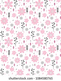 Hand Drawn Floral Seamless Vector Pattern. Grey and Pink Twigs, Leaves and Flowers isolated on a White Background. Delicate Infantile Style Floral Print ideal for Fabric. Funny Abstract Garden Design.