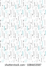 Hand Drawn Floral Seamless Vector Pattern. Grey and Blue Twigs, Leaves and Flowers isolated on a White Background. Delicate Infantile Style Floral Print ideal for Fabric. Funny Abstract Garden Design.