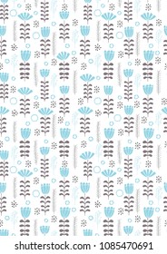 Hand Drawn Floral Seamless Vector Pattern. Gray and Blue Twigs, Leaves and Flowers isolated on a White Background. Delicate Infantile Style Floral Print ideal for Fabric. Funny Abstract Garden Design.