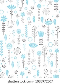 Hand Drawn Floral Seamless Vector Pattern.Gray and Blue Twigs, Leaves and Flowers isolated on a White Background. Delicate Infantile Style Floral Print ideal for Fabric. Funny Abstract Garden Design.