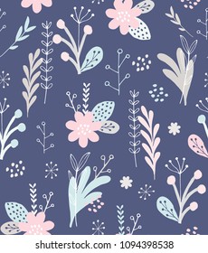Hand Drawn Floral Seamless Vector Pattern. Pink and White Twigs, Leaves and Flowers isolated on a Blue Background. Delicate Infantile Style Floral Print ideal for Fabric. Funny Abstract Garden Design.