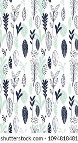 Hand Drawn Floral Seamless Vector Pattern. Mint and Blue Twigs, Leaves and Flowers isolated on a White Background. Delicate Infantile Style Floral Print ideal for Fabric. Funny Abstract Garden Design.