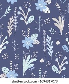 Hand Drawn Floral Seamless Vector Pattern. Mint and White Twigs, Leaves and Flowers isolated on a Blue Background. Delicate Infantile Style Floral Print ideal for Fabric. Funny Abstract Garden Design.