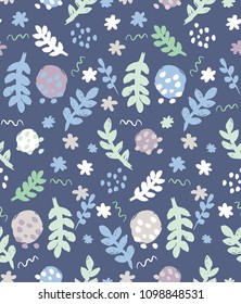 Hand Drawn Floral Seamless Vector Pattern. Mint and White Twigs, Leaves and Flowers isolated on a Blue Background. Delicate Infantile Style Floral Print ideal for Fabric. Funny Abstract Garden Design.