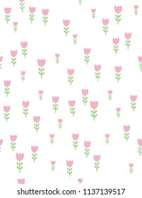 Hand Drawn Floral Seamless Vector Pattern. Pastel Pink Tulips isolated on a White Background. Delicate Infantile Style Floral Print ideal for Fabric, Textile. Funny Abstract Garden Design.