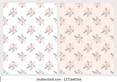 Hand Drawn Floral Seamless Vector Pattern with Twigs, Leaves and Flowers isolated on a Coral and White Background. Delicate Infantile Style Floral Print ideal for Fabric. Funny Abstract Garden Design.