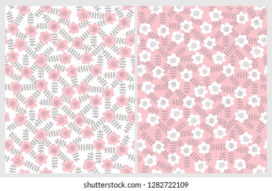 Hand Drawn Floral Seamless Vector Pattern with Twigs, Leaves and Flowers isolated on a Pink and White Background. Delicate Infantile Style Floral Print ideal for Fabric. Funny Abstract Garden Design.