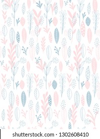 Hand Drawn Floral Seamless Vector Pattern. Pink and Blue Twigs, Leaves and Flowers isolated on a White Background. Delicate Infantile Style Floral Print ideal for Fabric. Funny Abstract Garden Design.