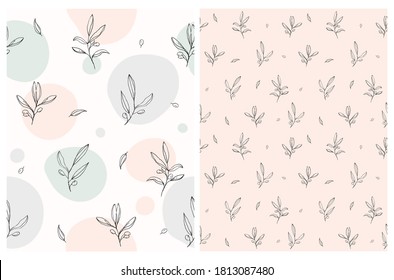 Hand Drawn Floral Seamless Vector Patterns. Black Sketched Olive Leaves and Twigs Isolated on a Light Pink and White Dotted Backgrounds.