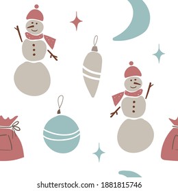 Hand drawn floral seamless vector pattern. New year seamless pattern with snowmen and Christmas decorations. Can be used for winter holiday invitations, greeting cards, prints.