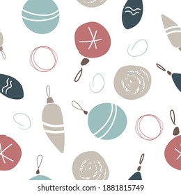 Hand drawn floral seamless vector pattern. New year seamless pattern with different Christmas balls and toys. Can be used for winter holiday invitations, greeting cards, prints.