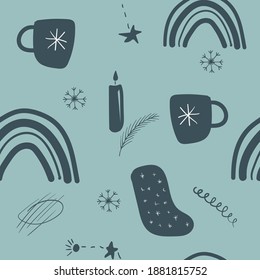 Patrón vectorial sin costuras floral dibujado a mano. Nuevo año sin fisuras con arcoiris, taza, vela y calcetín. Se puede usar para invitaciones de vacaciones de invierno, tarjetas de felicitación, impresiones.