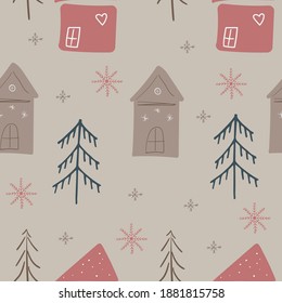 Hand drawn floral seamless vector pattern. New Year seamless pattern with houses and Christmas trees. Can be used for winter holiday invitations, greeting cards, prints.