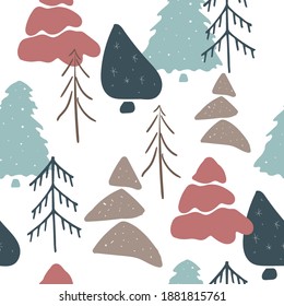 Patrón vectorial sin costuras floral dibujado a mano. Año Nuevo patrón sin fisuras con diferentes árboles de Navidad. Se puede usar para invitaciones de vacaciones de invierno, tarjetas de felicitación, impresiones.
