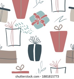 Handgezeichnetes, nahtloses Vektormuster mit Blumen. Neues Jahr nahtlos Muster mit verschiedenen Geschenkbox. Kann für Winterurlaub Einladungen, Grußkarten, Drucke verwendet werden.